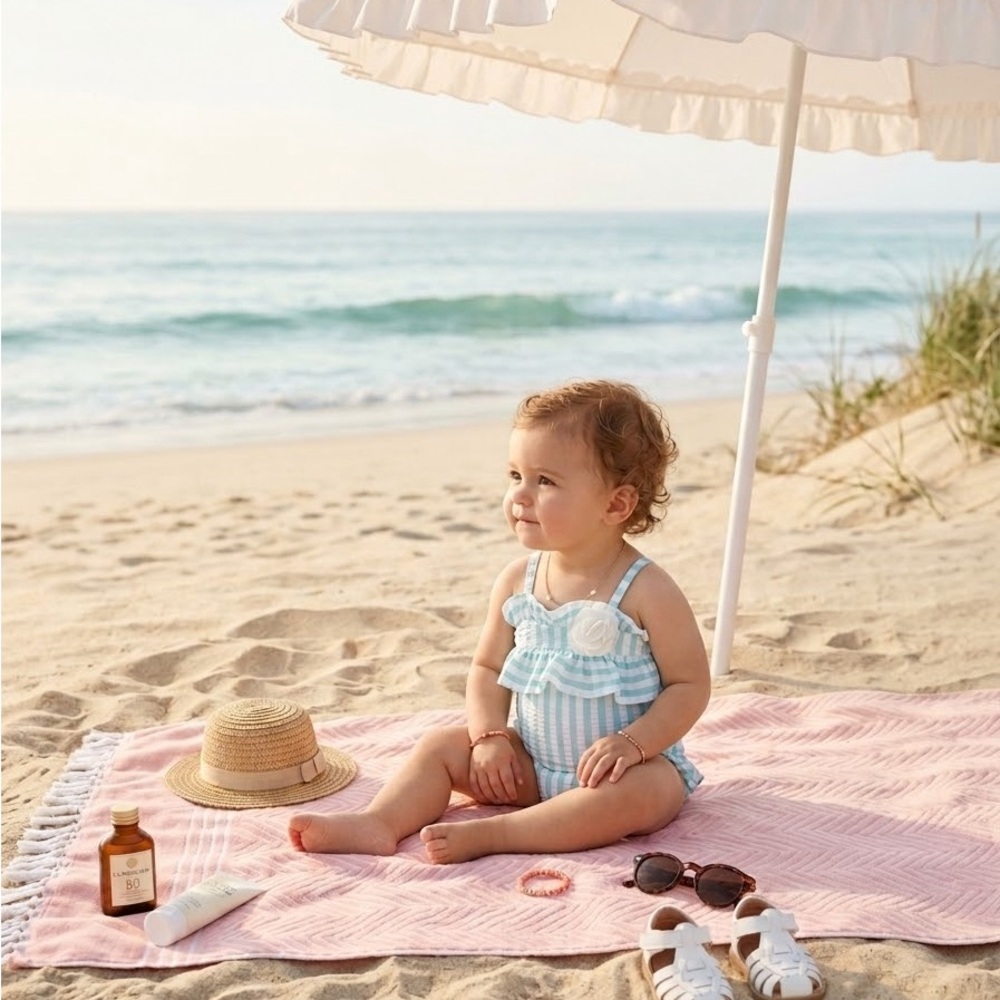 Janie and Jack Light Blue Striped Ruffle One-Piece Swimsuit with Floral Accents